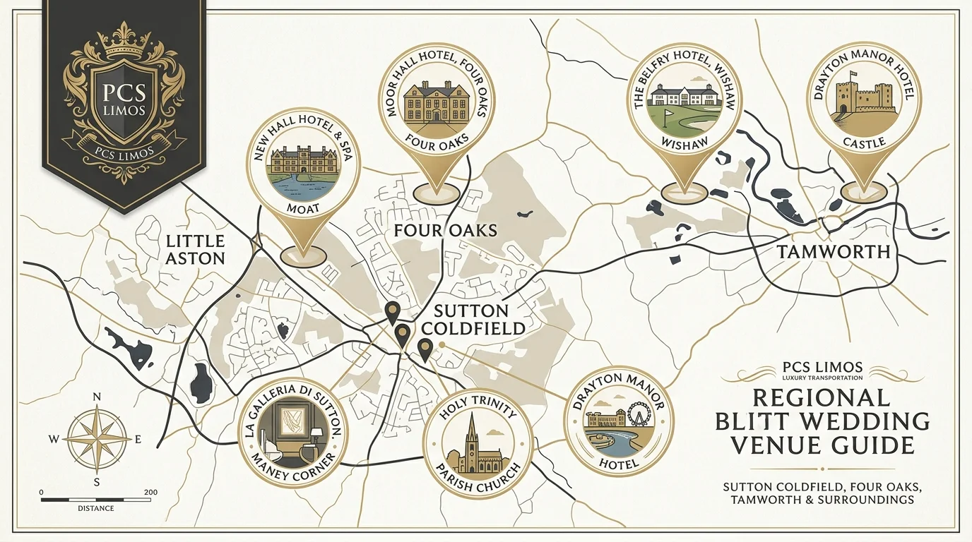 Illustrated wedding venue and luxury transport guide map of Sutton Coldfield, Little Aston, Four Oaks, and Tamworth featuring PCS Limos crest